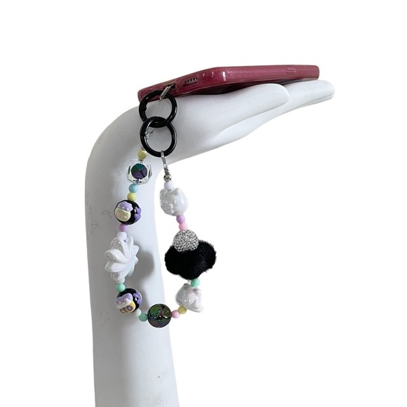 Black & Purple Pom Pom Kitty Beaded Charm Phone Accessory Wristlet with tab - Picture 9 of 17